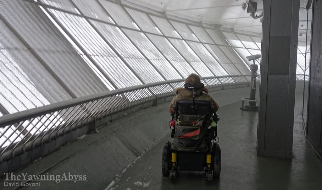 Lene walking through a snowy cloud atop the CN Tower